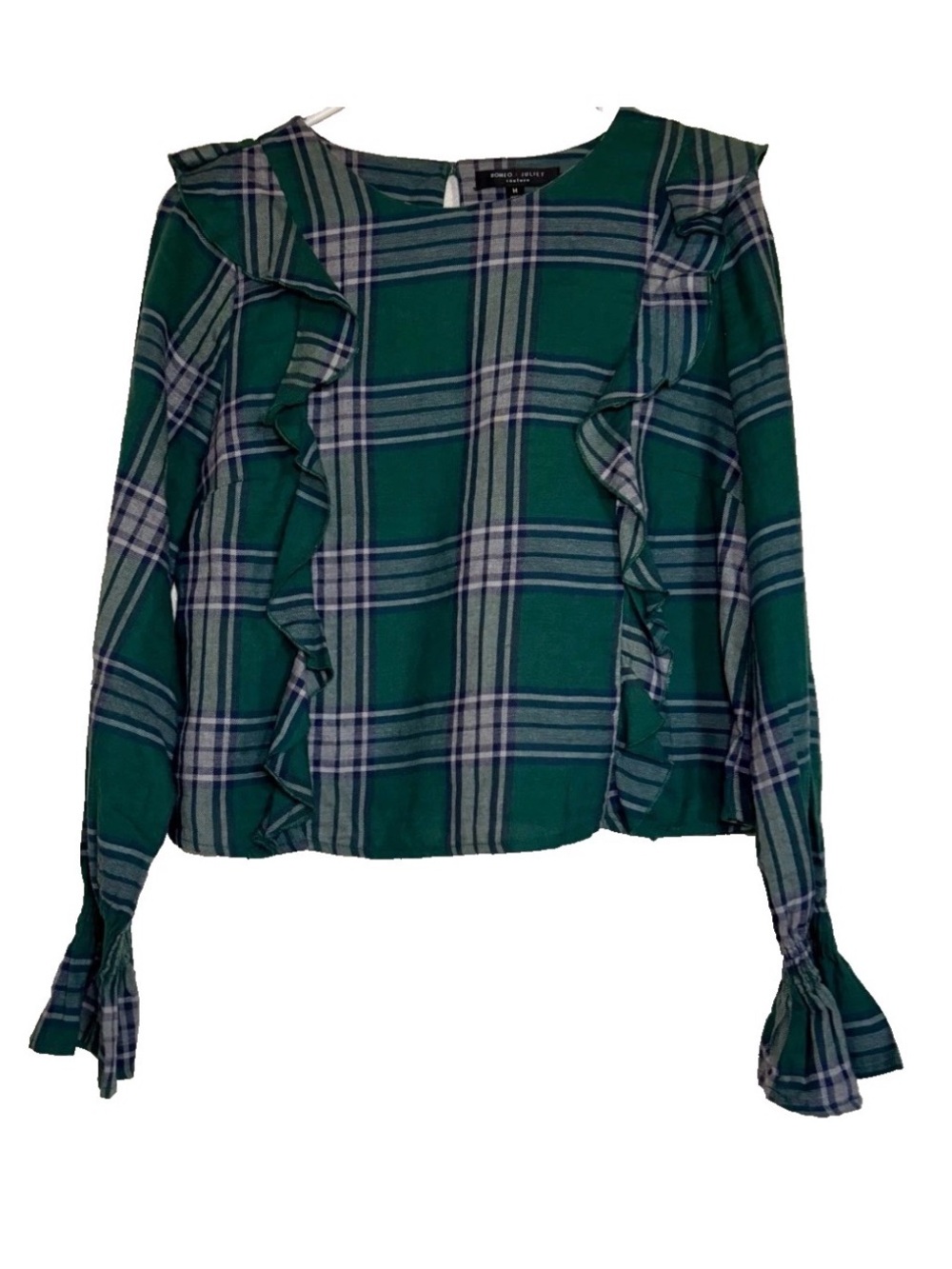 Romeo & Juliet Couture Blouse Top Sz M Gray Red Plaid Ruffle Long Sleeve Shirt